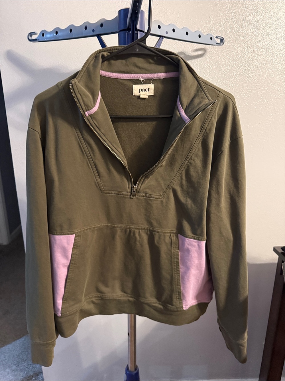 Pact Olive Green Half-Zip Pullover with Pink Trim